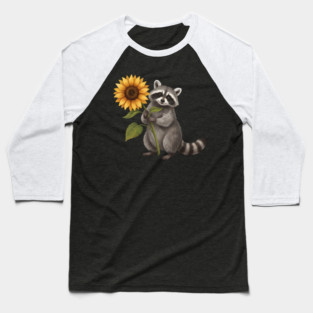 Happy Raccoon Holding Sunflower Cute Animal Baseball T-Shirt