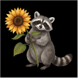 Happy Raccoon Holding Sunflower Cute Animal Posters and Art