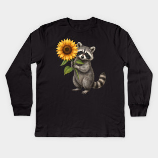 Raccoon Holding Sunflower Wildlife Nature Lover Kids Long Sleeve T-Shirt