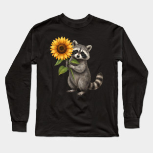 Raccoon Holding Sunflower Wildlife Nature Lover Long Sleeve T-Shirt