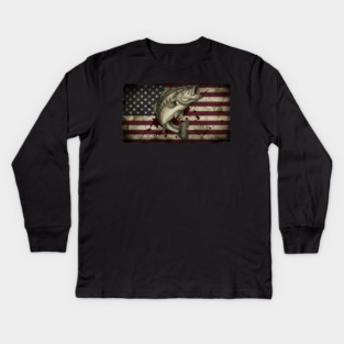 American Flag Bass Fishing Patriotic Angler Kids Long Sleeve T-Shirt