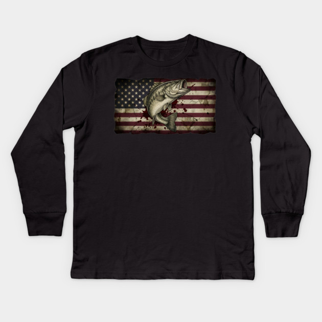 American Flag Bass Fishing Patriotic Angler Kids Long Sleeve T-Shirt by ArtistTee ⭐⭐⭐⭐⭐