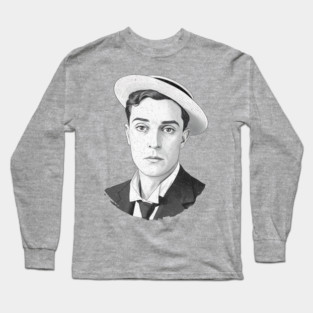 Buster Keaton Digital Distressed Grunge Portrait of The Great Stone Face Long Sleeve T-Shirt