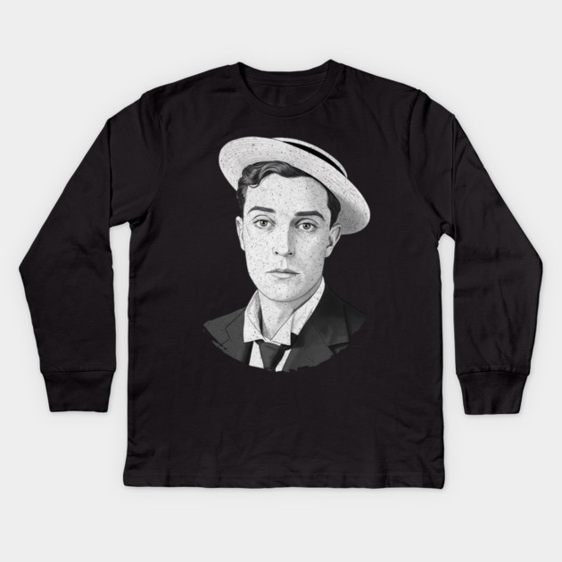 Buster Keaton Digital Distressed Grunge Portrait of The Great Stone Face Kids Long Sleeve T-Shirt by Luxinda
