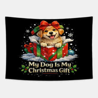 Cute Funny Dog Christmas T-Shirt for Dog Lovers, Pet Owners, Dog Moms and Dog Dads – Puppy in Gift Box Holiday Winter Gift Shirt Tapestry