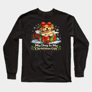 Cute Funny Dog Christmas T-Shirt for Dog Lovers, Pet Owners, Dog Moms and Dog Dads – Puppy in Gift Box Holiday Winter Gift Shirt Long Sleeve T-Shirt