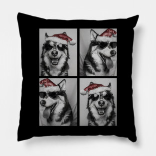 Funny Husky with Sunglasses Santa Hat Christmas Huskies Dog Pillow