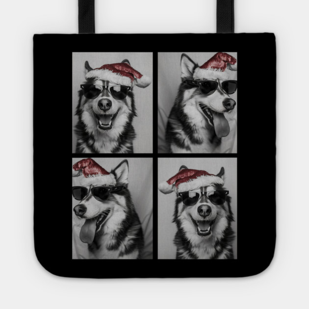 Funny Husky with Sunglasses Santa Hat Christmas Huskies Dog Tote by yangho