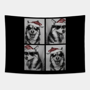 Funny Husky with Sunglasses Santa Hat Christmas Huskies Dog Tapestry