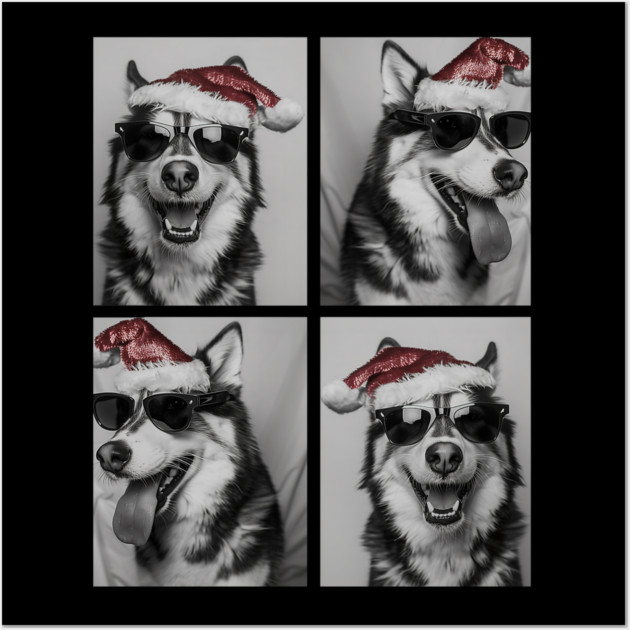 Funny Husky with Sunglasses Santa Hat Christmas Huskies Dog Wall Art by yangho