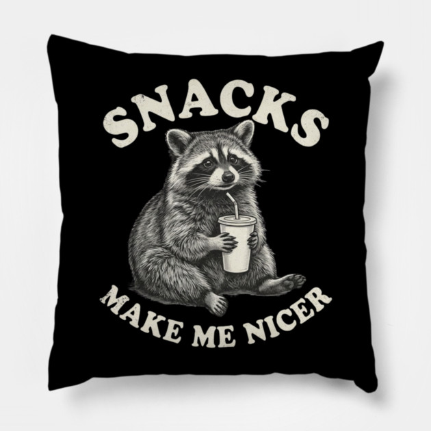 Snacks Make Me Nicer Raccoon Humor Funny Pillow by ArtistTee ⭐⭐⭐⭐⭐