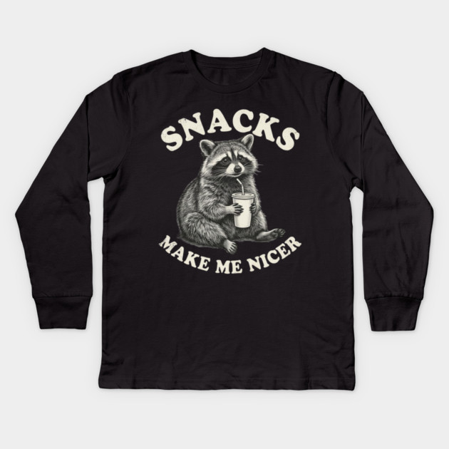 Snacks Make Me Nicer Raccoon Humor Funny Kids Long Sleeve T-Shirt by ArtistTee ⭐⭐⭐⭐⭐