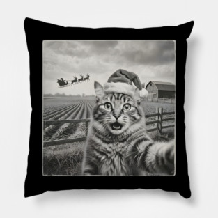 Christmas Cat Selfie Vintage Farm Santa Hat Pillow