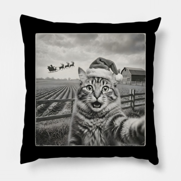 Christmas Cat Selfie Vintage Farm Santa Hat Pillow by Creatifly Graphic Tees