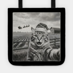 Christmas Cat Selfie Vintage Farm Santa Hat Tote