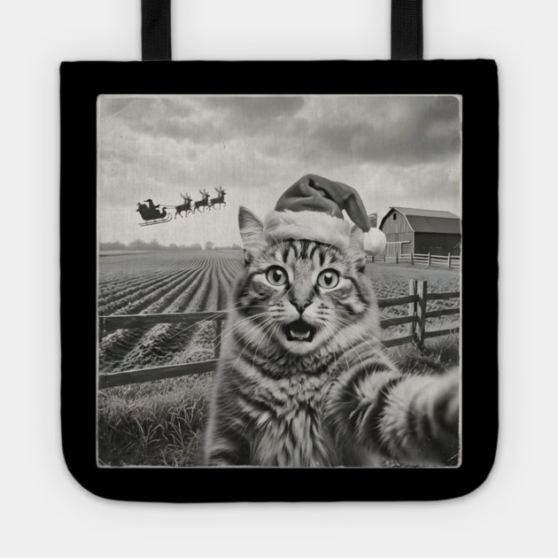 Christmas Cat Selfie Vintage Farm Santa Hat Tote by Creatifly Graphic Tees