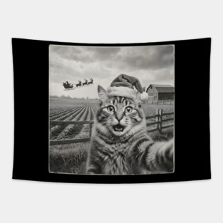 Christmas Cat Selfie Vintage Farm Santa Hat Tapestry