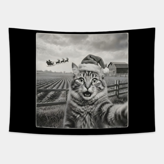 Christmas Cat Selfie Vintage Farm Santa Hat Tapestry by Creatifly Graphic Tees