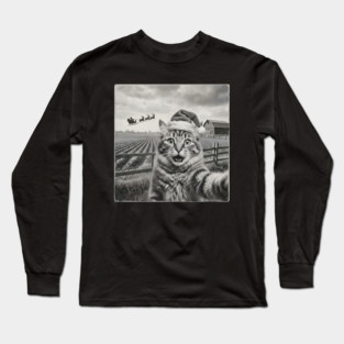 Christmas Cat Selfie Vintage Farm Santa Hat Long Sleeve T-Shirt