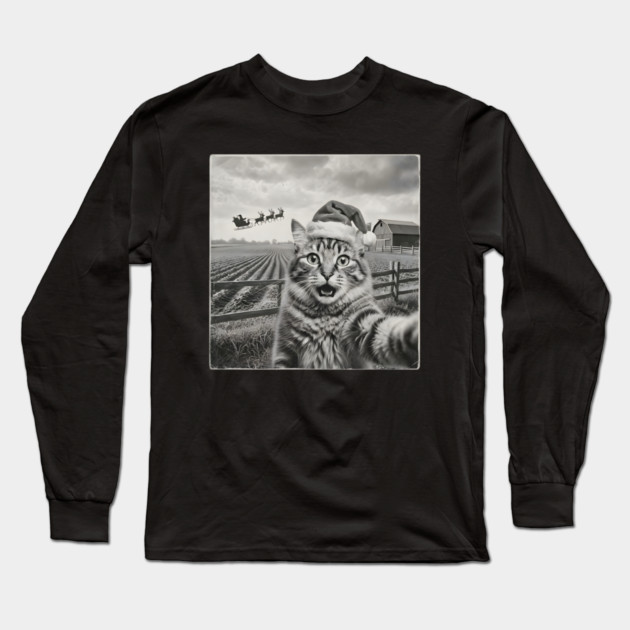 Christmas Cat Selfie Vintage Farm Santa Hat Long Sleeve T-Shirt by Creatifly Graphic Tees