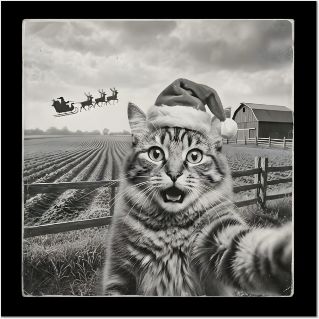 Christmas Cat Selfie Vintage Farm Santa Hat Wall Art by Creatifly Graphic Tees