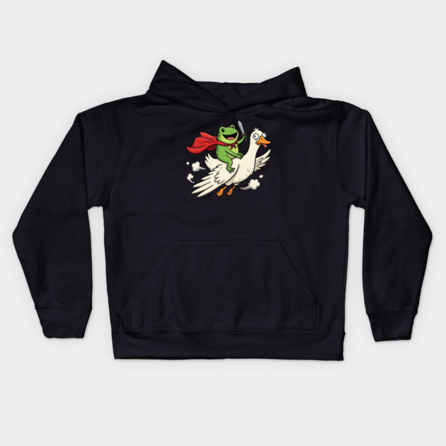 Superhero Frog Riding Goose Silly Adventure Kids Hoodie by Creatifly Graphic Tees