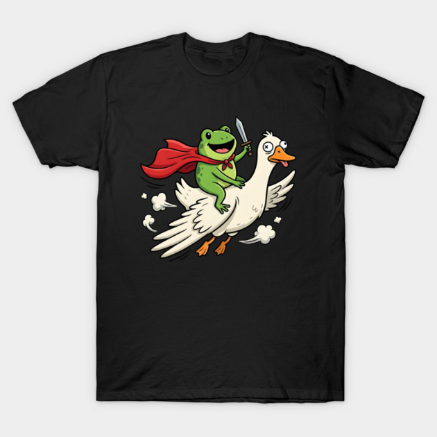 Superhero Frog Riding Goose Silly Adventure T-Shirt by Creatifly Graphic Tees