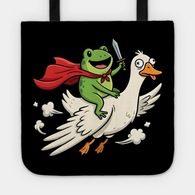 Superhero Frog Riding Goose Silly Adventure Tote by Creatifly Graphic Tees