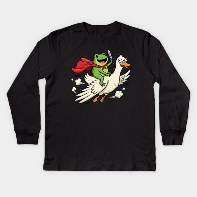 Superhero Frog Riding Goose Silly Adventure Kids Long Sleeve T-Shirt by Creatifly Graphic Tees