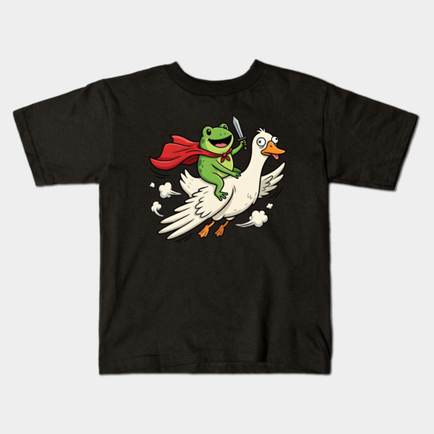 Superhero Frog Riding Goose Silly Adventure Kids T-Shirt by Creatifly Graphic Tees