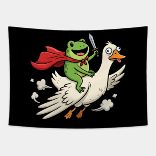Superhero Frog Riding Goose Silly Adventure Tapestry