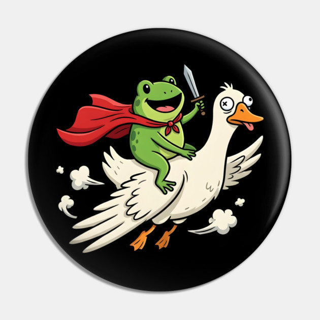 Superhero Frog Riding Goose Silly Adventure Pin by Creatifly Graphic Tees