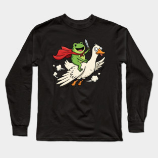 Superhero Frog Riding Goose Silly Adventure Long Sleeve T-Shirt