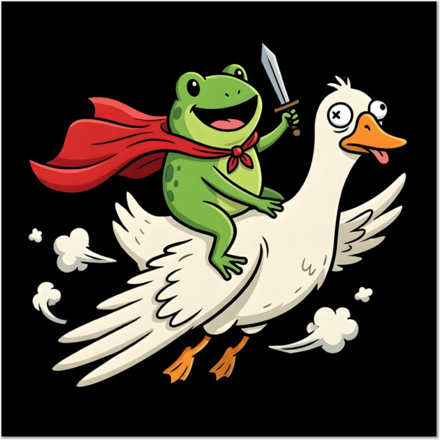 Superhero Frog Riding Goose Silly Adventure Wall Art by Creatifly Graphic Tees