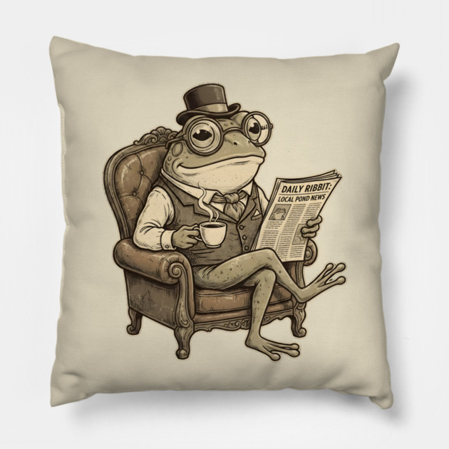 Dapper Frog Gentleman Reading Daily Ribbit Pillow by Creatifly Graphic Tees