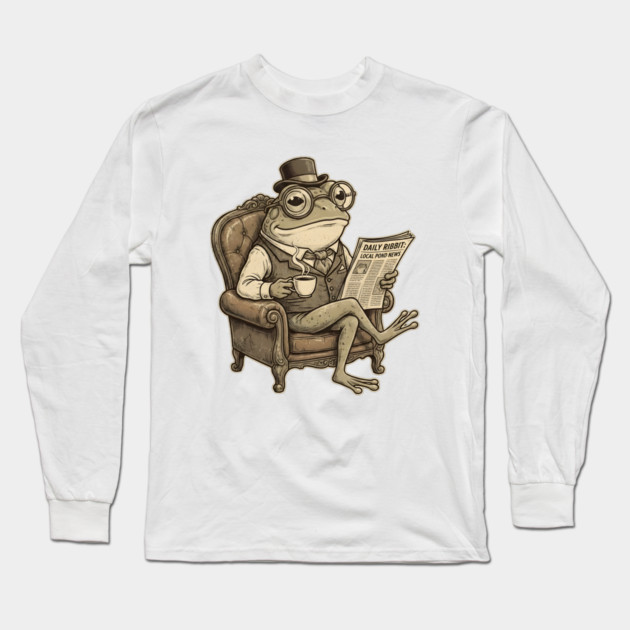 Dapper Frog Gentleman Reading Daily Ribbit Long Sleeve T-Shirt by Creatifly Graphic Tees
