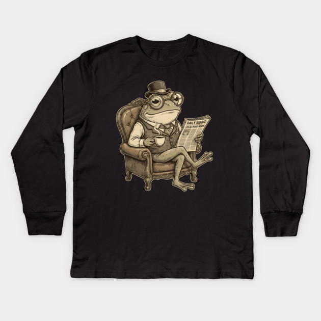 Dapper Frog Gentleman Reading Daily Ribbit Kids Long Sleeve T-Shirt by Creatifly Graphic Tees