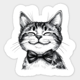 Happy Smiling Cat Wearing Bow Tie Sketch Sticker