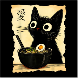 Kawaii Cat with Ramen Illustration Posters and Art