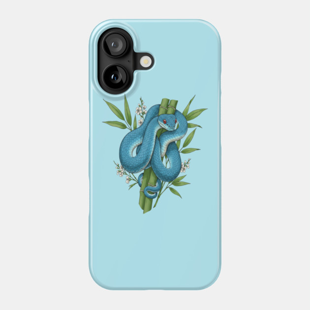 Blue Pit Viper Snake On Bamboo Phone Case by BirdsnStuff