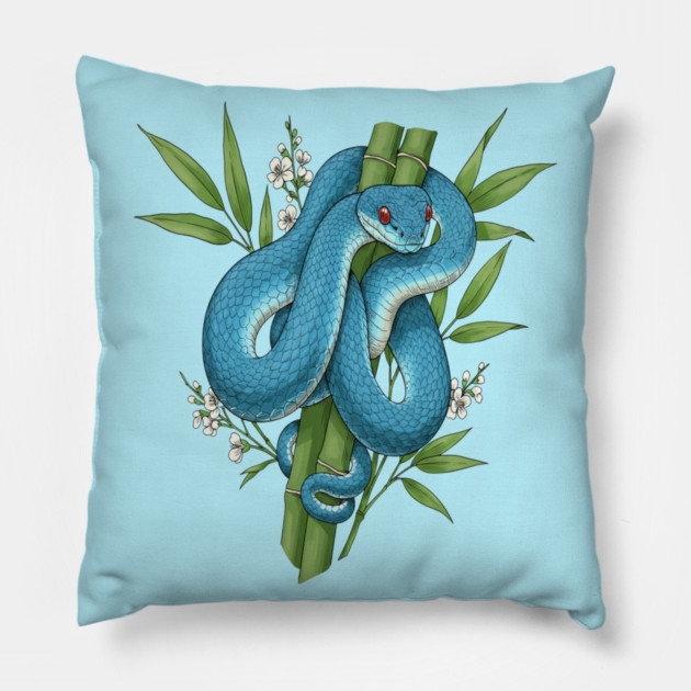 Blue Pit Viper Snake On Bamboo Pillow by BirdsnStuff