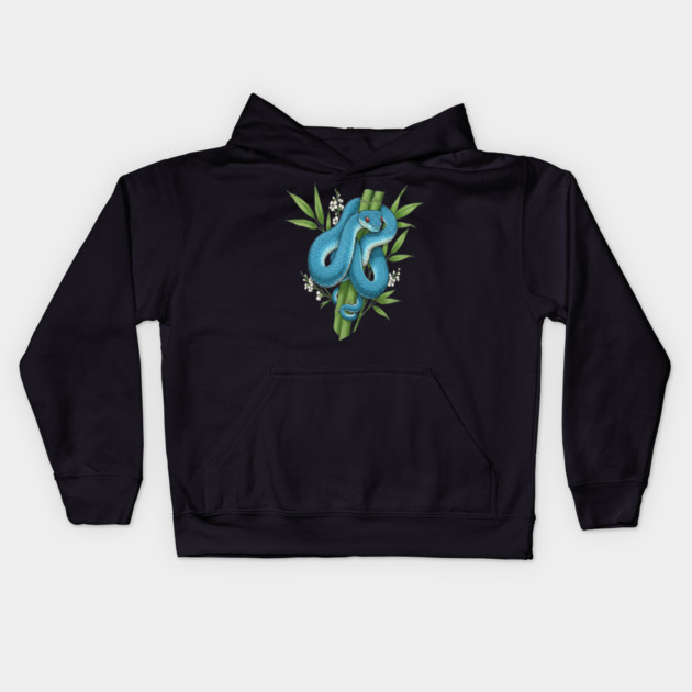 Blue Pit Viper Snake On Bamboo Kids Hoodie by BirdsnStuff
