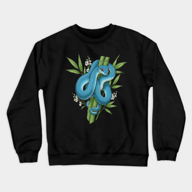 Blue Pit Viper Snake On Bamboo Crewneck Sweatshirt by BirdsnStuff