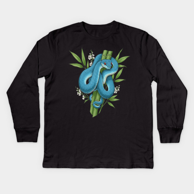Blue Pit Viper Snake On Bamboo Kids Long Sleeve T-Shirt by BirdsnStuff