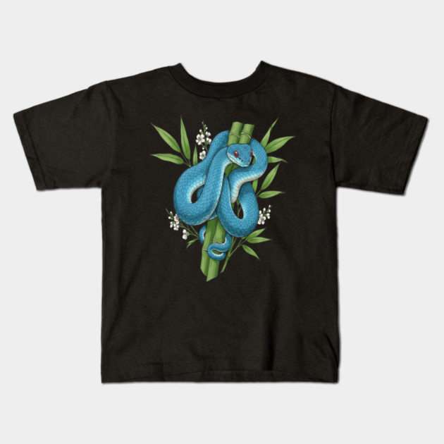 Blue Pit Viper Snake On Bamboo Kids T-Shirt by BirdsnStuff