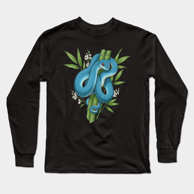 Blue Pit Viper Snake On Bamboo Long Sleeve T-Shirt by BirdsnStuff