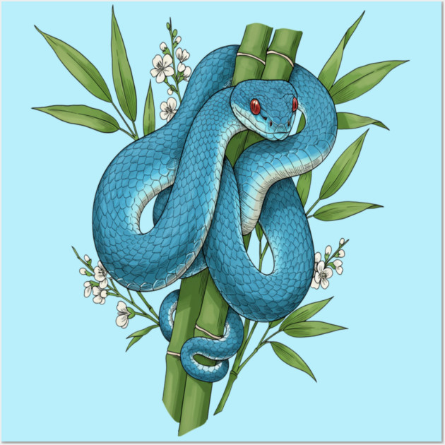 Blue Pit Viper Snake On Bamboo Wall Art by BirdsnStuff