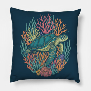 Green Sea Turtle Ocean Coral Illustration Pillow