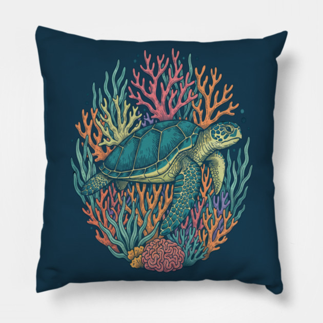 Green Sea Turtle Ocean Coral Illustration Pillow by BirdsnStuff