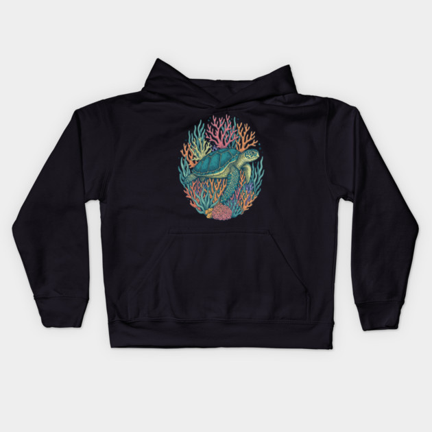 Green Sea Turtle Ocean Coral Illustration Kids Hoodie by BirdsnStuff